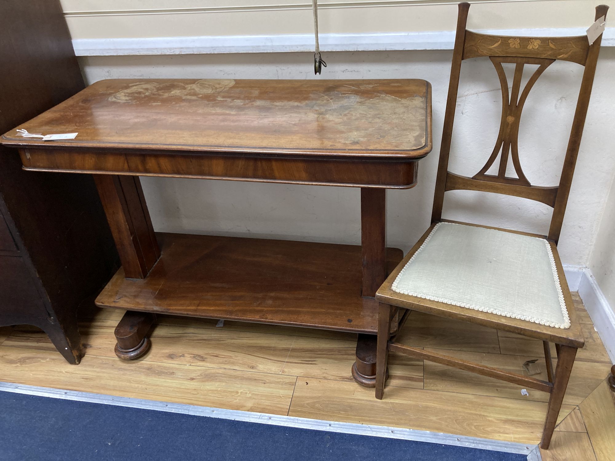 A Victorian adjustable mahogany dumb waiter, width 102cm, depth 48cm, together with an Art Nouveau inlaid mahogany side chair